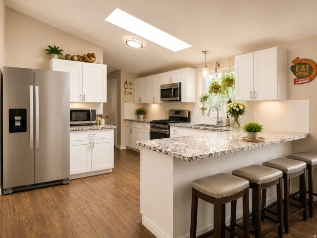 Kitchen featuring white cabinetry, stainless steel appliances, a breakfast bar, wood-finish flooring, and a skylight
