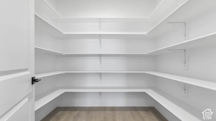 Walk-in pantry featuring extensive white shelving