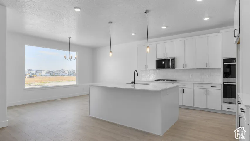 Kitchen featuring white cabinetry, a central island with a sink, stainless steel appliances, and wood-finish flooring