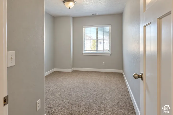 Neutral-toned walls, recessed window with blinds, overhead flush mount light fixture, and textured carpeting
