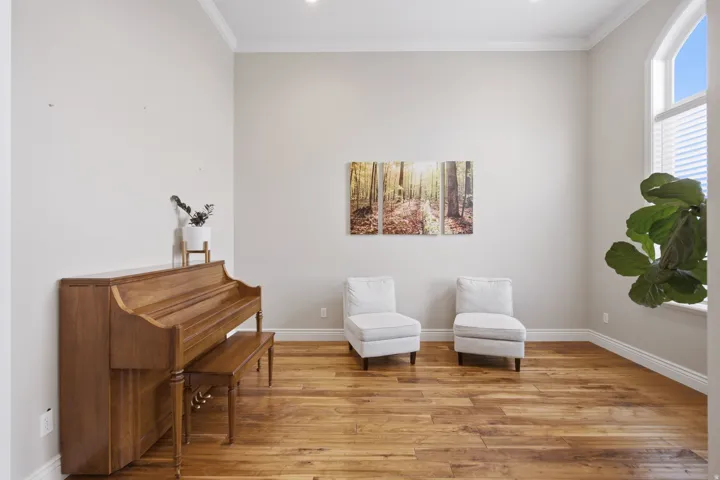 High ceilings with crown molding, wood-finish flooring, and recessed lighting