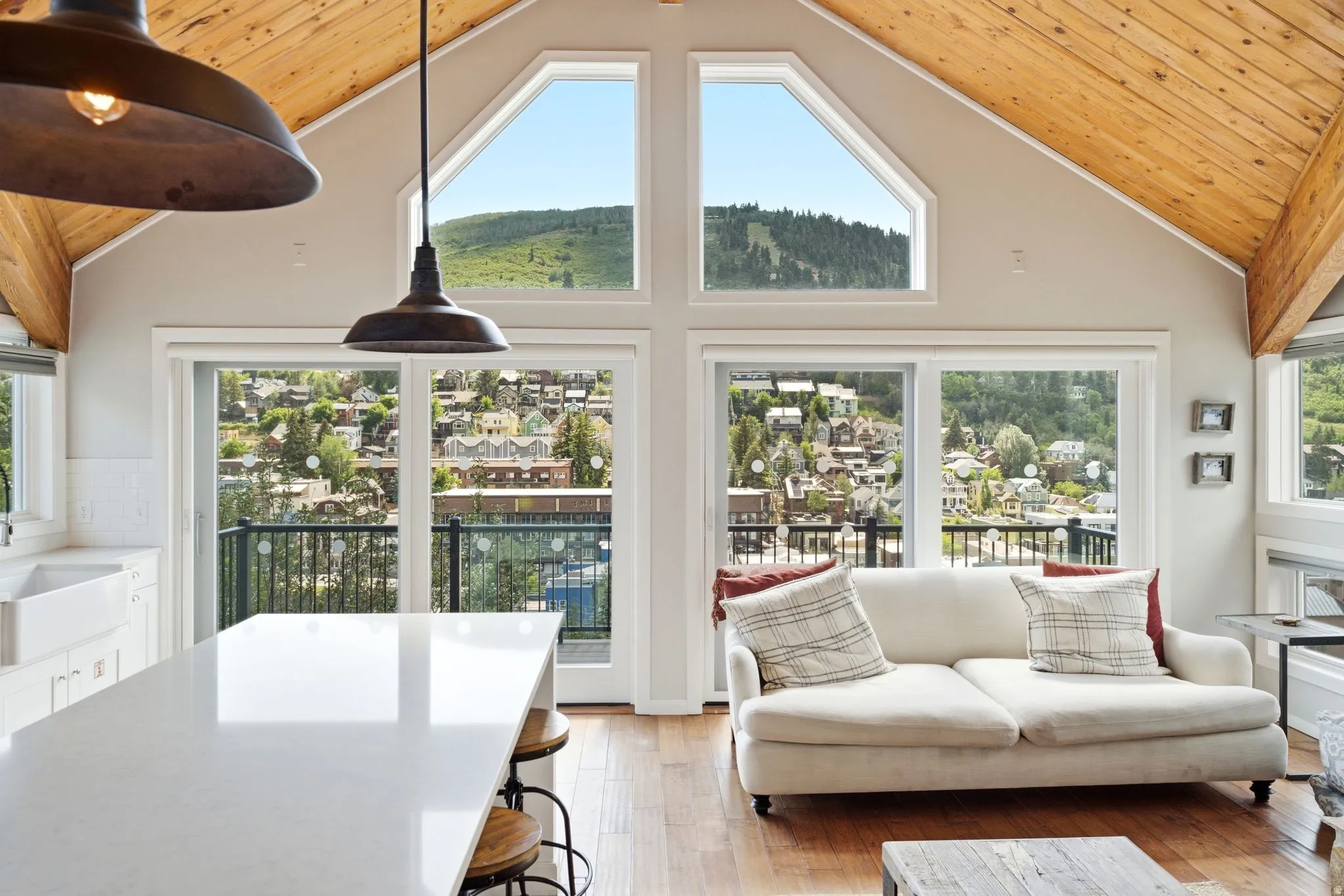 Vaulted wood-paneled ceiling with exposed beams