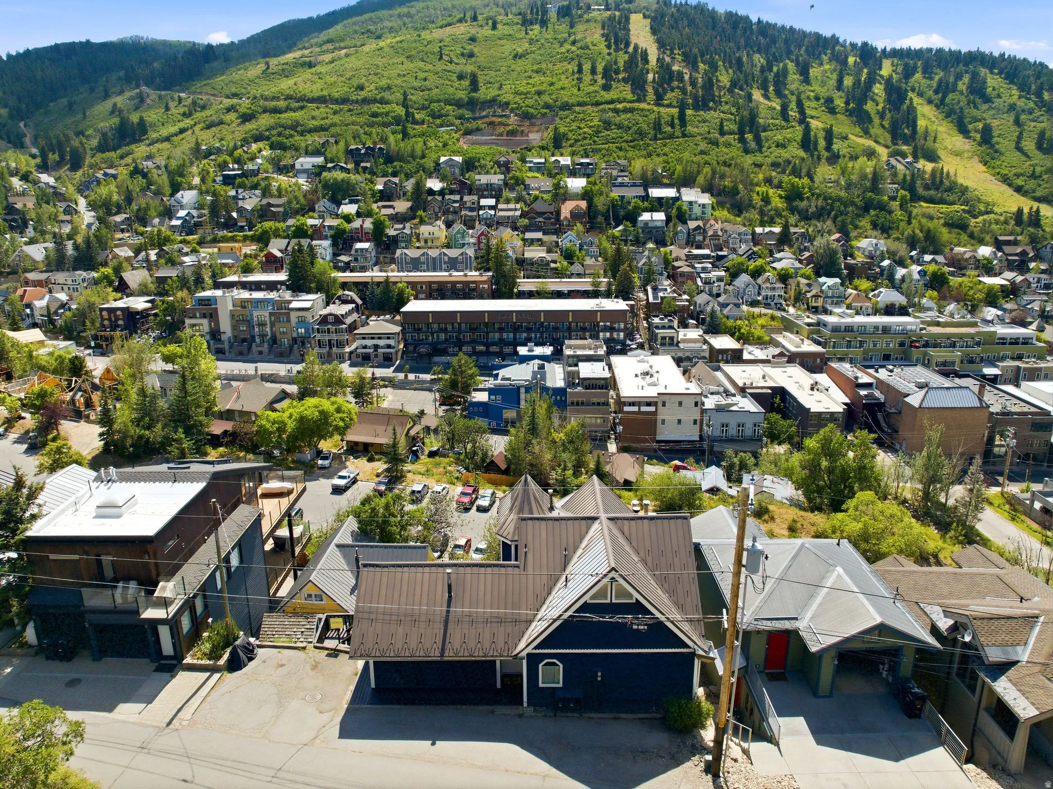 Aerial perspective showcasing a vibrant community nestled into a verdant hillside