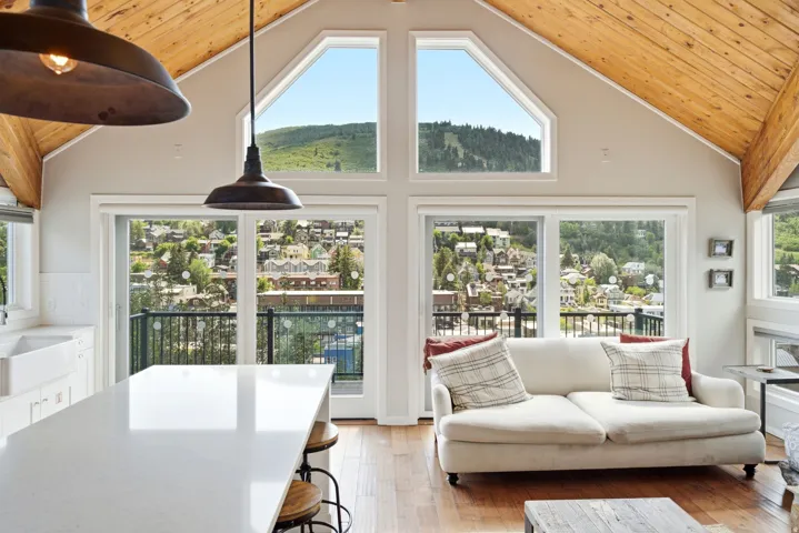 Kitchen and Great Room of Upper Unit with Massive Mountain Views including down valley, up valley, Old Town and ski trails!