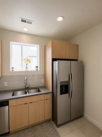Kitchen with light wood-finish cabinetry, stainless steel double-door refrigerator, and a double basin sink