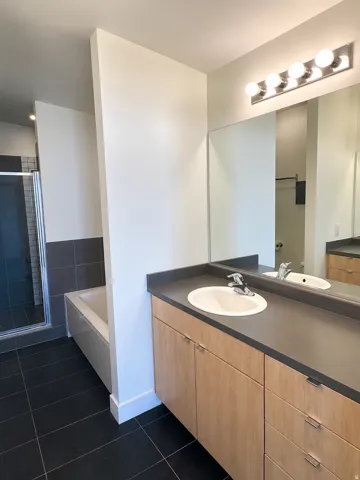 Contemporary bathroom featuring an expansive vanity with wood-finish cabinetry and a dark countertop