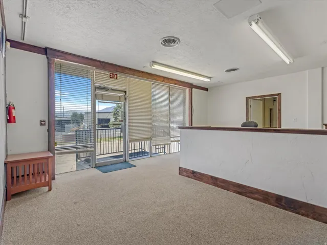 Entry area featuring full-light glass door, large windows with blinds, and carpeted flooring