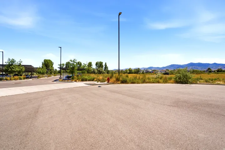 Paved asphalt surface with concrete borders and established landscaping
