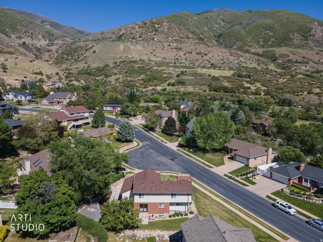 Residential street with a variety of architectural styles, surrounded by lush green trees and mountainous terrain