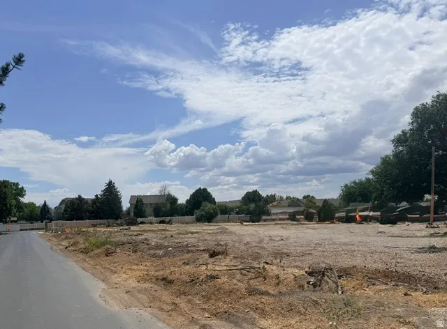 Expansive cleared lot featuring a paved road frontage, established perimeter fencing, and mature trees along the property line