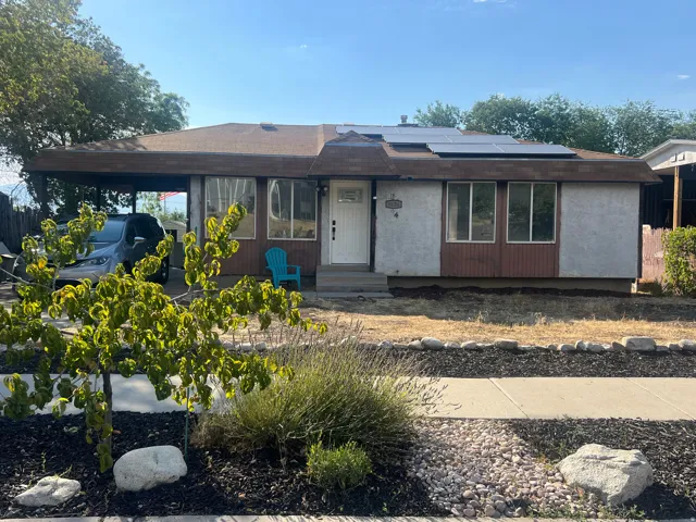 Ranch style home featuring a concrete driveway, carport, solar panels, and peach tree