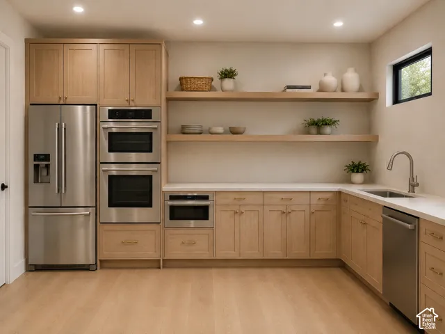 AI rendering of pantry featuring light wood-finish cabinetry, floating shelves, stainless steel built-in double ovens, a stainless steel refrigerator, and quartz countertops with an undermount sink
