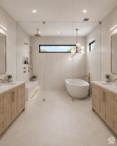 AI redering ofDual vanities with light wood-finish cabinetry, quartz countertops, and brass-tone hardware
