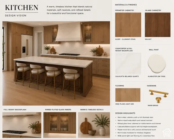 AI rendering Design Specification Sheet. Detailing the finish materials and hardware selections for the kitchen within the property