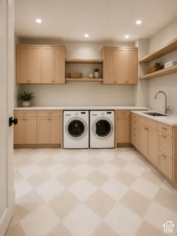 AI rendering of Laundry room featuring light wood cabinetry, integrated open shelving, solid-surface countertops, a stainless steel undermount sink with a gooseneck faucet, and checkered tile flooring