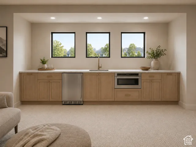 AI rendering of Built-in wet bar featuring light wood cabinetry, stone-finish countertops, stainless steel under-counter beverage refrigerator, built-in microwave, and three windows with black frames