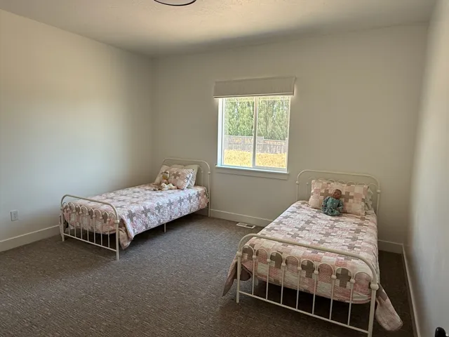 Room featuring neutral-toned carpet, white walls, and a large window with a roller shade