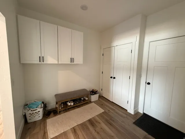 Entryway featuring wood-finish flooring, white overhead cabinetry with matte black hardware, and multiple panel doors