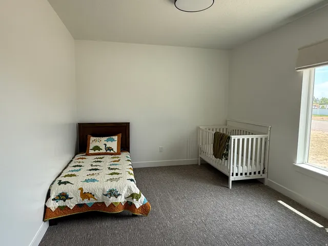 Neutral-toned room featuring a single large window with roller shade, light gray textured carpet, white baseboards, and a flush-mount ceiling light fixture