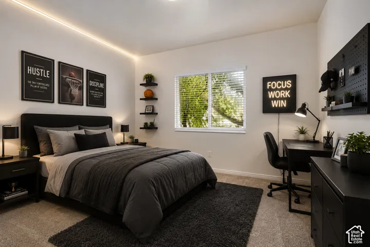 Recessed ceiling lighting, window with blinds, wall-mounted shelving, and carpeted flooring
