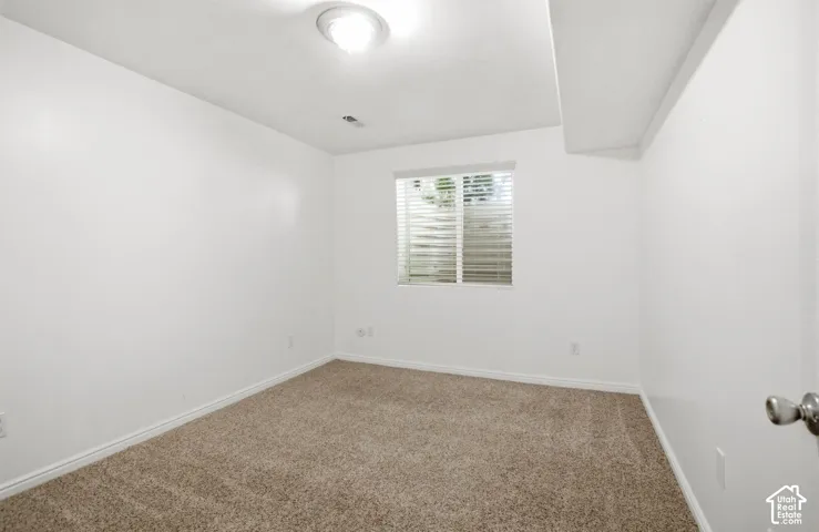 Carpeted interior room featuring a window with horizontal blinds, white walls, and a ceiling-mounted light fixture