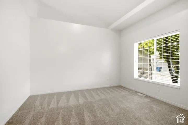 Bright interior space featuring a large window with horizontal blinds, neutral-toned carpeting, white baseboards, and a vaulted ceiling