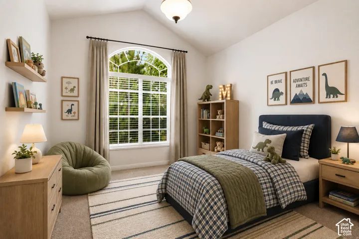 Vaulted ceiling with an arched window, wood-finish floating shelves, and built-in shelving