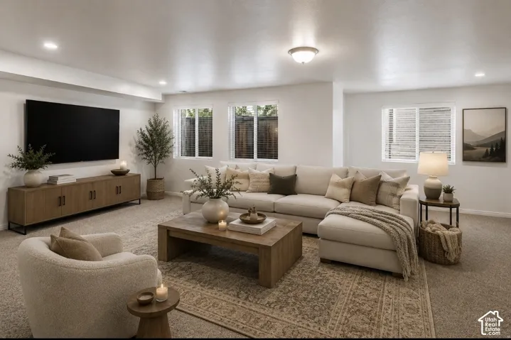 Sophisticated living room showcasing recessed ceiling lighting, a wall-mounted flat-screen television above wood-finish cabinetry, neutral upholstered seating, engineered wood flooring, and large windows with plantation shutters providing natural light th