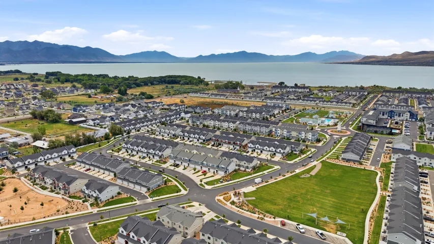 Aerial perspective showcasing a community with numerous residential structures