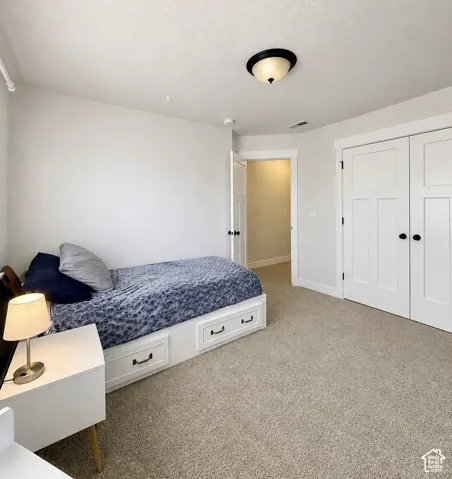 Light-colored carpeting throughout this room with white walls