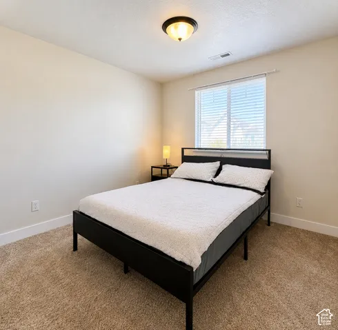 Carpeted bedroom featuring a large window with blinds, ceiling-mounted light fixture, and neutral wall paint