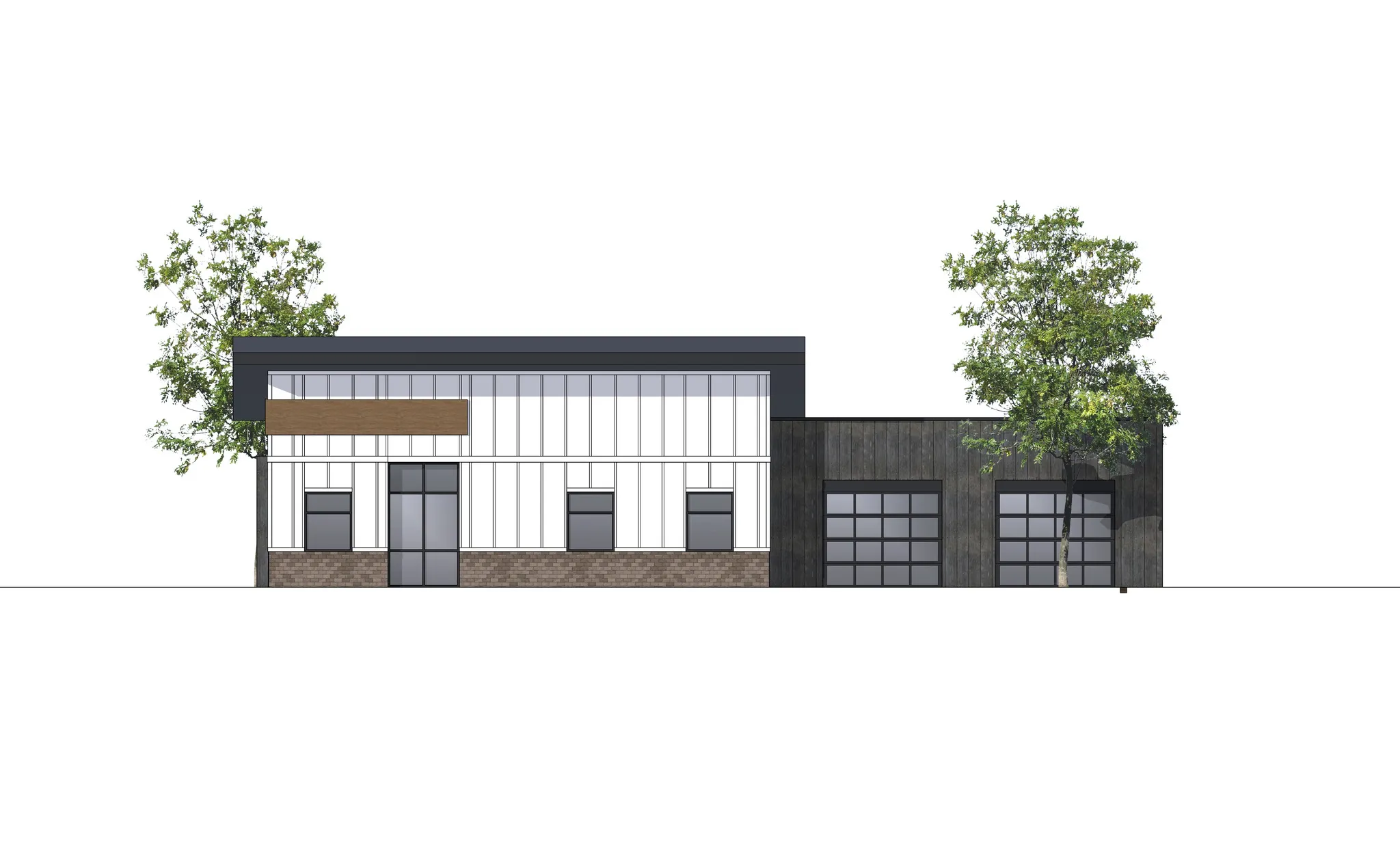 Architectural Rendering. Illustrating the exterior facade of the property with multiple windows and garage doors