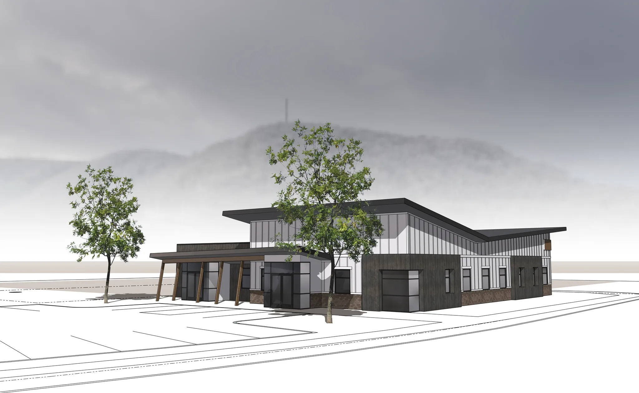 Architectural Rendering. Illustrating the exterior and surrounding elements of the property