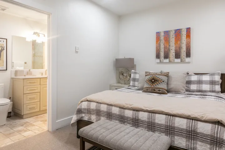 Carpeted bedroom with white walls and an en-suite bathroom featuring a single vanity with light wood cabinetry, a white countertop, and tile flooring
