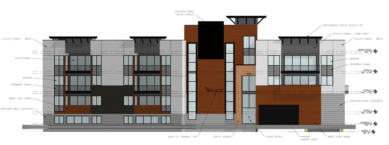 Architectural Drawing, Elevation. Illustrating exterior material specifications and level designations for the property