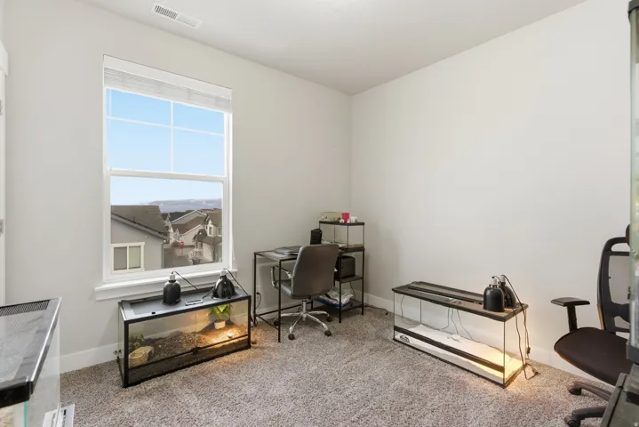 Spacious room featuring a large window, light gray walls, and plush carpeting
