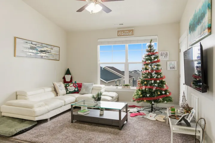 Living area featuring a large window with white blinds, neutral wall paint, and a textured carpet