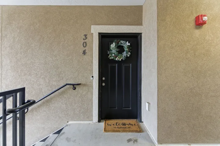 Entryway featuring textured wall finishes, a dark paneled door with white trim, and metal railings