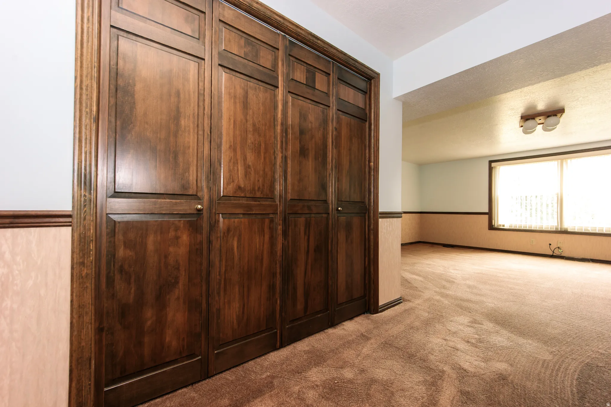 Wood-panel bi-fold closet doors with brass hardware, textured wall paneling, and wall-to-wall carpeting throughout