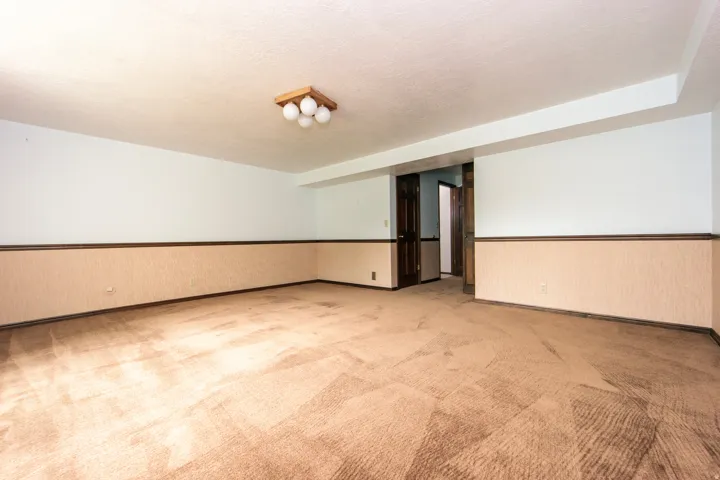 Spacious interior room with light-colored carpeting, white upper walls, and a patterned wainscoting