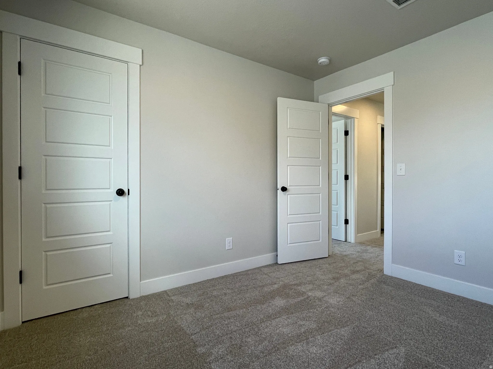 Neutral-toned carpeting and light gray wall paint create a versatile interior palette