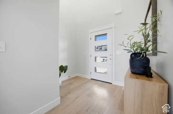 Light wood-finish flooring, white walls, and a modern entry door with four glass panels