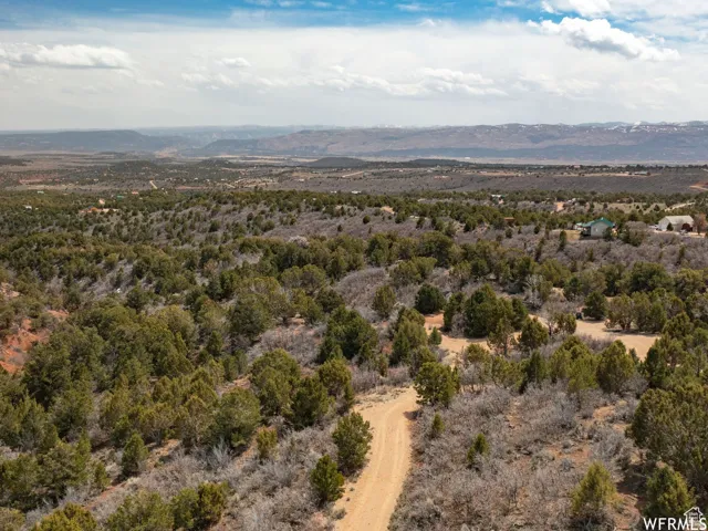 Expansive natural landscape featuring a dirt road, diverse tree coverage, and distant mountain ranges under a partly cloudy sky
