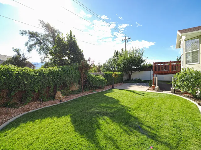 Expansive lawn area, mature perimeter landscaping, concrete patio, elevated wood deck with railing, and a side exterior door