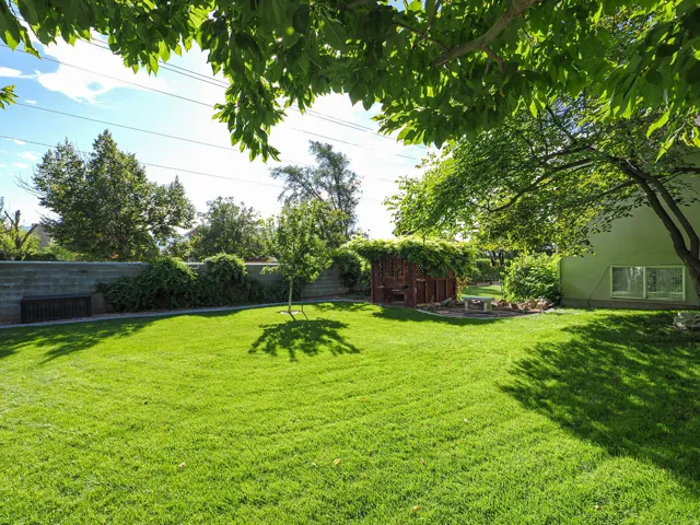 Expansive lawn featuring mature trees, a privacy wall, a wooden pergola, and a visible portion of the property's exterior