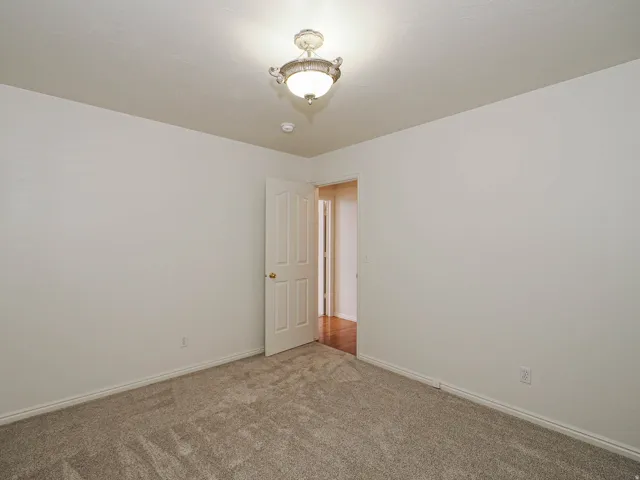 Neutral wall color, wall-to-wall carpeting, overhead lighting fixture, and paneled interior door