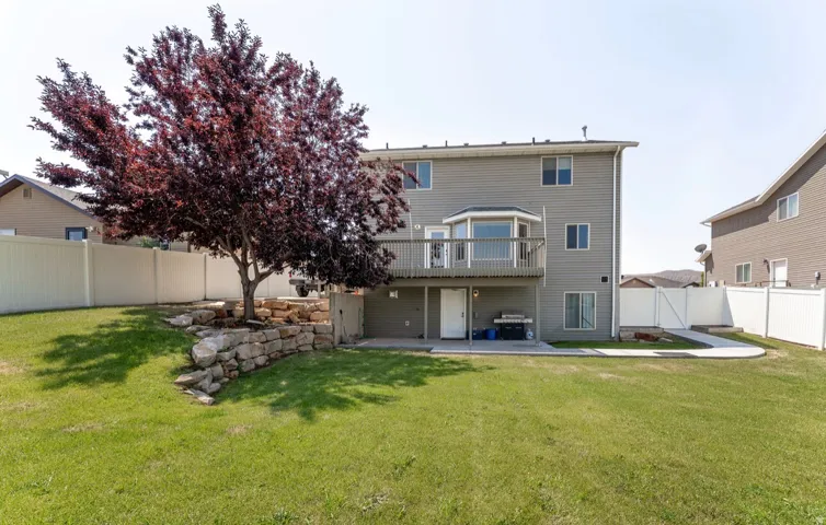 Expansive backyard featuring a mature deciduous tree, a stone retaining wall, and a full privacy fence