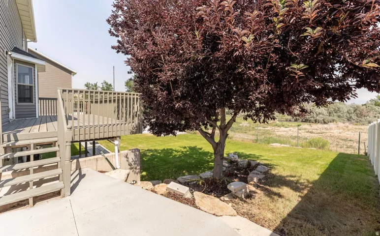 Expansive exterior featuring a wood deck with stairs, concrete patio, mature tree, and a grassy lawn