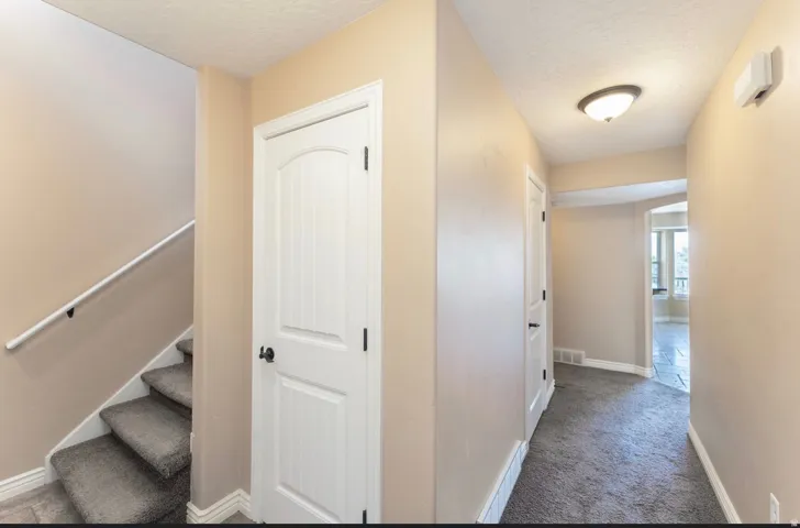Carpeted staircase with white handrail and baseboards