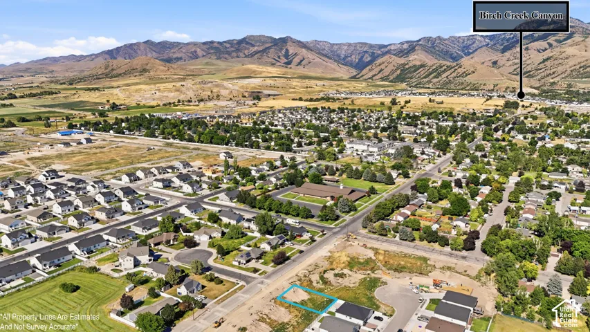Expansive aerial perspective showcasing a developed residential area with numerous single-family homes and surrounding undeveloped land